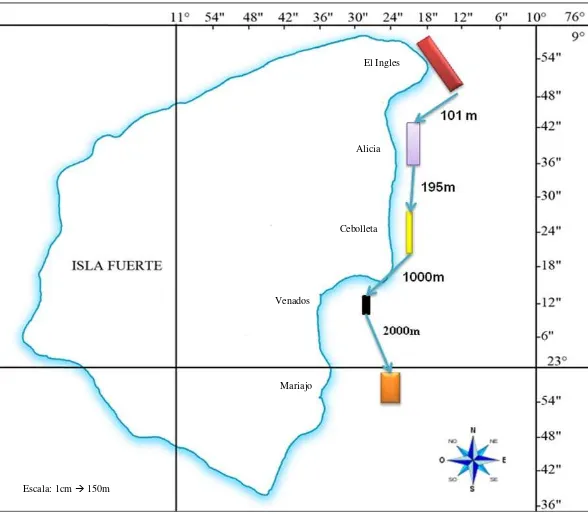 Figura 5. 3.CebolletaMapa con las distancias de Norte a Sur: 1.El inglés 2.Alicia ,  , 4