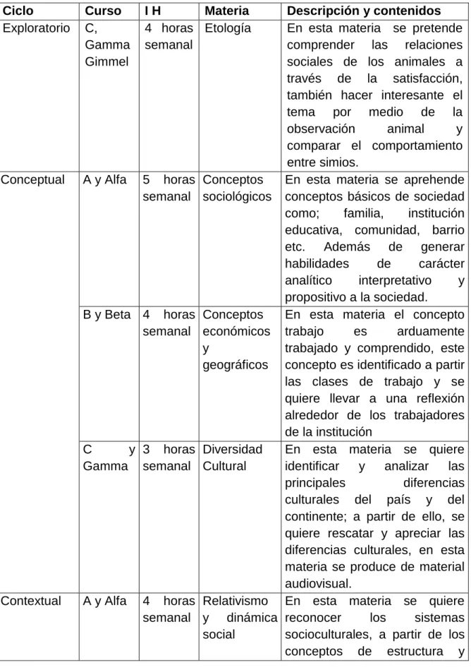 Tabla 4. Plan de estudios ciencias sociales. 