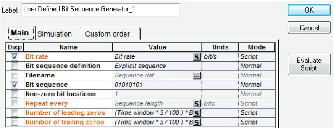 Figura 2.9 Parámetros del componente User Defined Bit Sequence generator [20] 