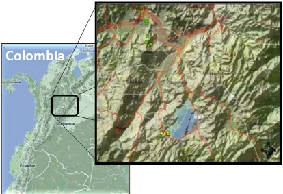 Figura 2. Mapa de Colombia. Localización de cada uno de los puntos de muestreo en las localidades de Tota y Paipa en el departamento de Boyacá 