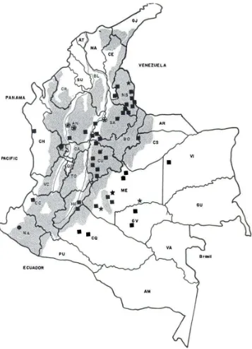 Figura 3. Mapa de Colombia mostrando distribución de especies de         L. braziliensis (cuadrado), L