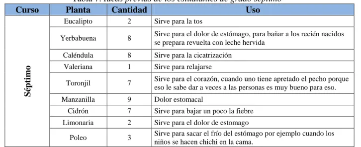 Tabla 8: Ideas previas de los estudiantes de grado Octavo