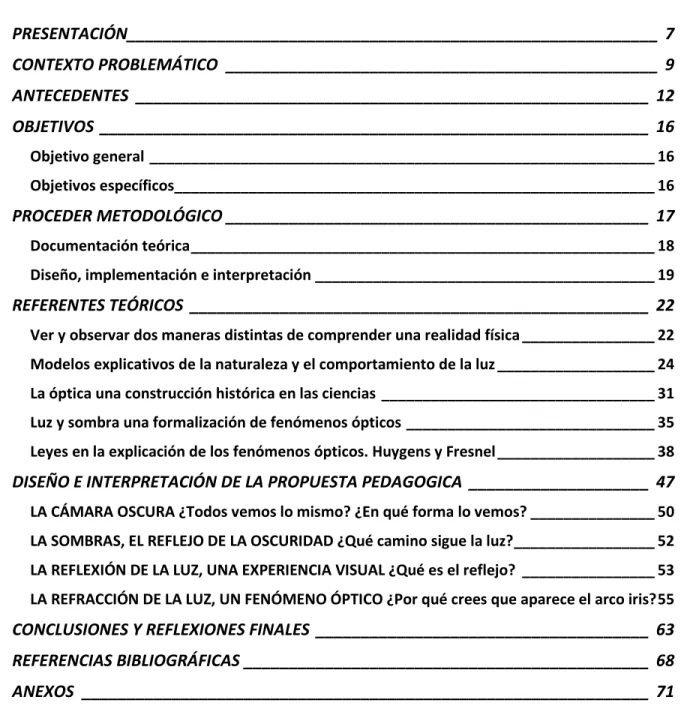TABLA DE CONTENIDO  PRESENTACIÓN ___________________________________________________________  7 CONTEXTO PROBLEMÁTICO  ________________________________________________  9 ANTECEDENTES  _________________________________________________________  12 OBJETIVOS