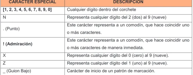 Tabla 2-23 Caracteres usados para la configuración de patrones de marcado [40] 