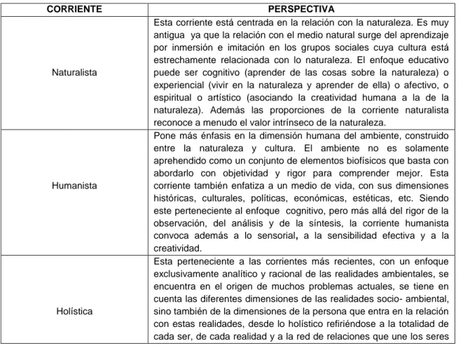 Tabla 4. Corrientes de ambiente asociado a la educación ambiental. Adaptado de SAUVE 2004
