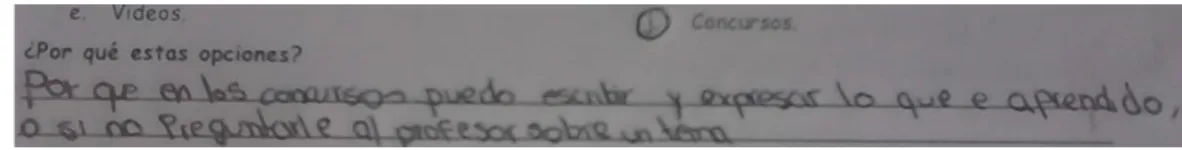 Figure 13: A student expresses that contests helps him learn and practice what he learns  Moreover, many students manifested that they liked to work in groups because they were  able to get help from their classmates, which shows that they are able to lear