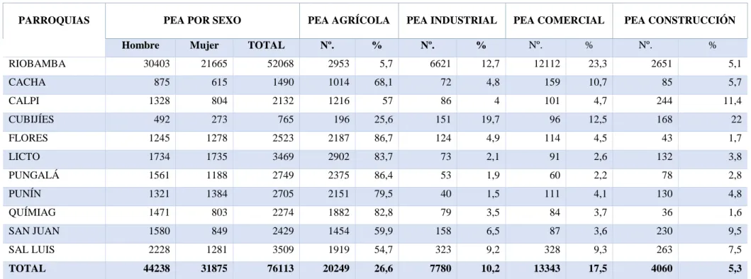 Tabla 15 Distribución de la Población Económicamente Activa del Cantón Riobamba por parroquias, sexo, y ramas de actividad  Año 2010 