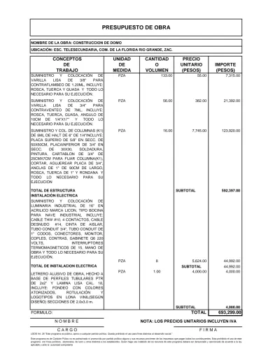 Conceptos Unidad Cantidad Precio De De O Unitario Importe Trabajo Medida Volumen Pesos Pesos 7105