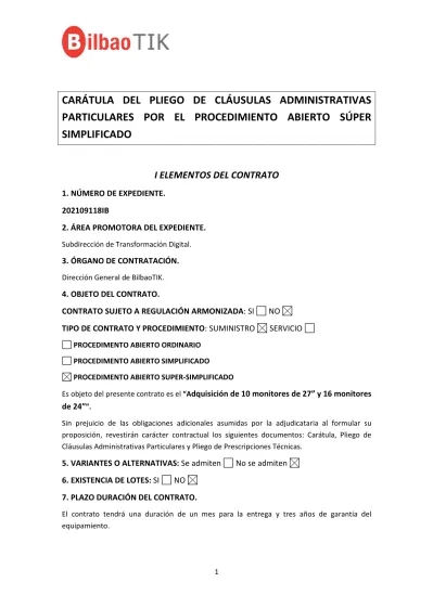 CARÁTULA DEL PLIEGO DE CLÁUSULAS ADMINISTRATIVAS PARTICULARES POR EL ...