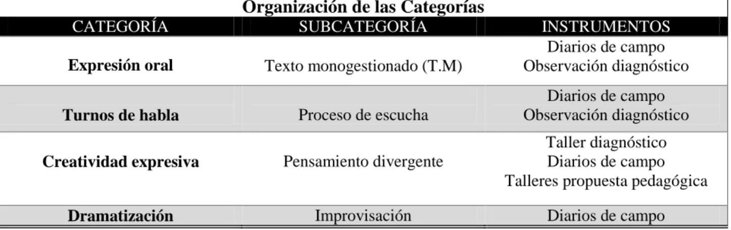 Tabla 3  Organización de las Categorías 
