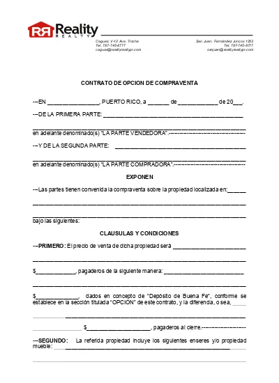 Contrato De Opcion De Compraventa En Puerto Rico A De De De La