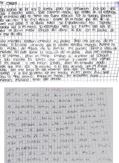 Figura 10: En estos ejercicios se puede apreciar el uso de los narradores: personaje y omnisciente,  con sus respectivas estructuras gramaticales.