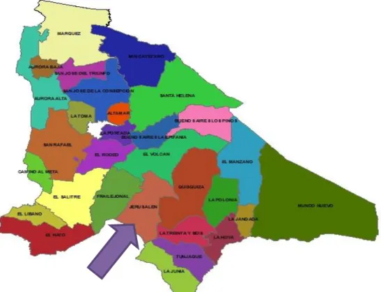 Figura 3. Mapa político del Municipio de La Calera Cundinamarca resaltando la ubicación de la Vereda  Jerusalén