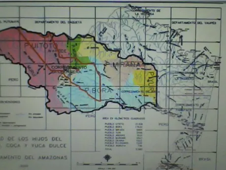 Figura  5.  Mapa  de  los  territorios  de  los  pueblos  indígenas  en  el  Predio  Putumayo  y  ubicación  sector de la Chorrera (Tomado de Plan de vida AZICATCH, 2004)