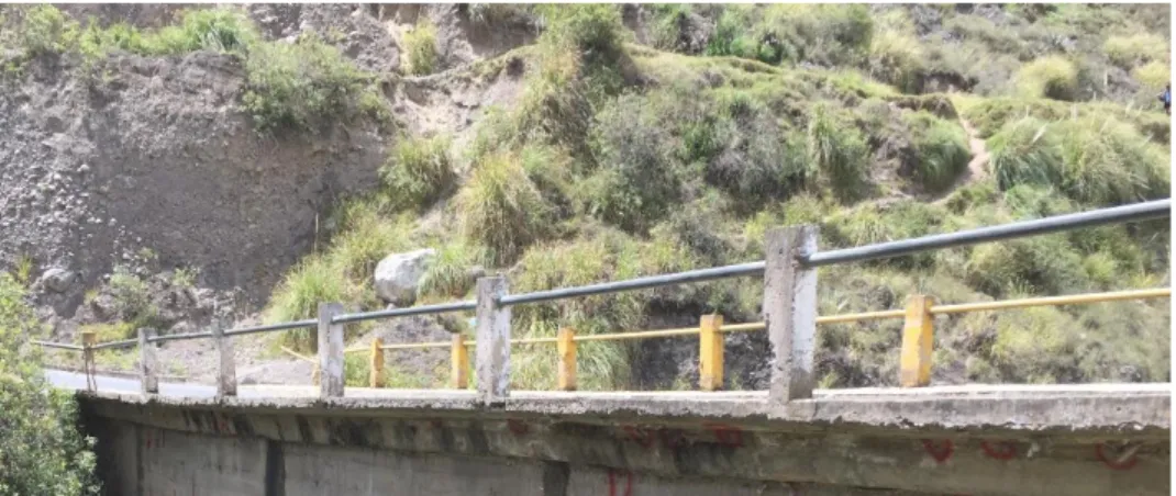 Ilustración 5. Aceras y barandas del puente sobre el Río Chibunga Sector Gatazo Grande  Fuente: Inspección Puente sobre el río Chibunga, Aguayo, (2016)