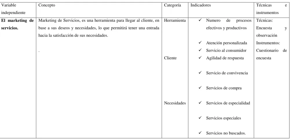 Tabla 14. Variable independiente 