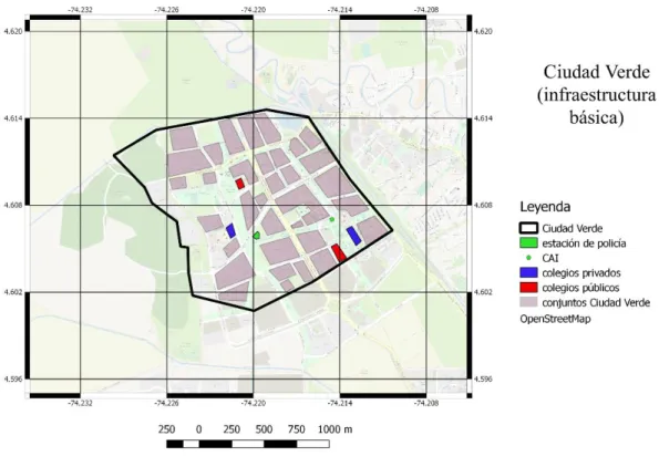 Ilustración 5: mapa de Ciudad Verde con la ubicación de los centros de salud, estaciones de policía y colegios