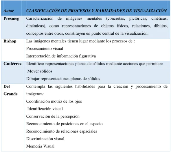 Tabla 4. Autores y clasificación de procesos y habilidades de visualización. 