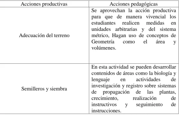 Tabla 1. Paralelo de acciones productivas/pedagógicas. 