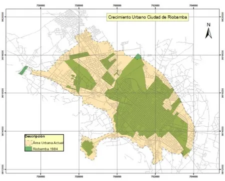 Ilustración 14: CIUDAD DE RIOBAMBA: Territorio ocupado hasta 1984  Fuente: Plan de Desarrollo Urbano – edición Corpconsul.