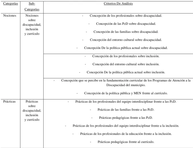 Tabla 5.  Subcategorías y criterios de análisis.