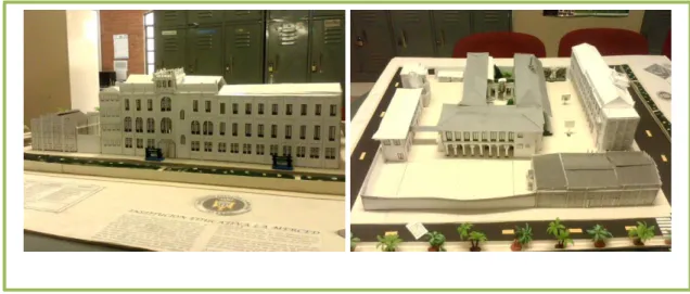 FOTO 2: A la izquierda, maqueta de la fachada de la institucion  y a la derecha maqueta completa de la estructura fisica de la  actual institucion la merced
