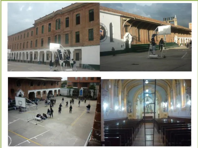 FOTO  3:  Parte  superior  izquierda  edificio  1,  parte  superior  derecha  edificio  2,  parte  inferior  izquierda  cancha  de  baloncesto y voleibol y parte inferior derecha capilla en restauración