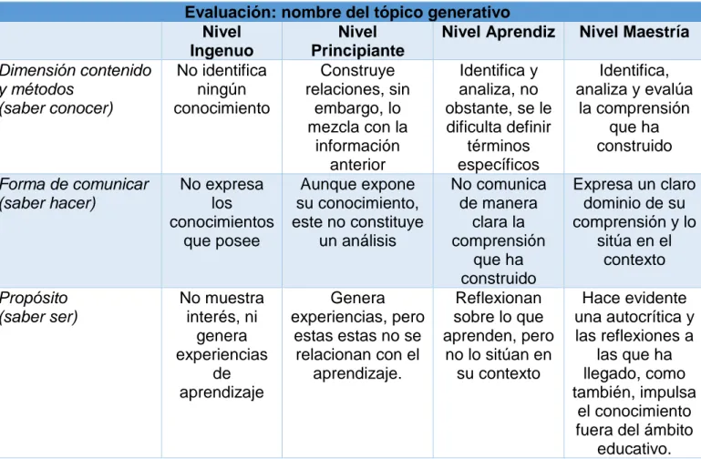 Tabla 12: Rúbrica evaluativa para cada tópico generativo  Evaluación: nombre del tópico generativo 