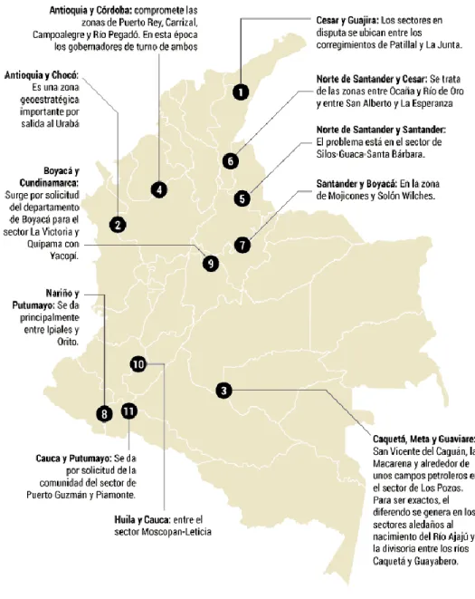 Ilustración 8 Zonas de litigio Limítrofe en Colombia. la número 3 47  es la de los llanos del Yarí