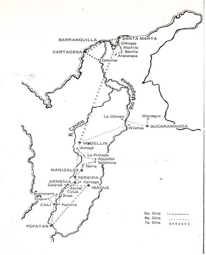 Figura XXIII . Taborda, Iván, (s.f.), Recorrido de las últimas tres giras políticas de María de los Ángeles Cano  Márquez, [Mapa de Colombia], recuperado de María Cano en el amanecer de la clase obrera,1985