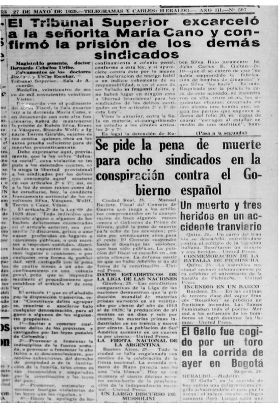Figura XXVI. Noticia sobre el proceso de excarcelación de María Cano y prisión de sus compañeros por violación a  la Ley 69 de 1928 o Ley heroica