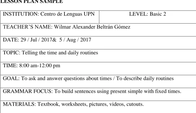 Table 5. Lesson plan summary. 