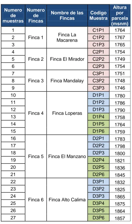 Tabla 1: Codificación de las muestras. 