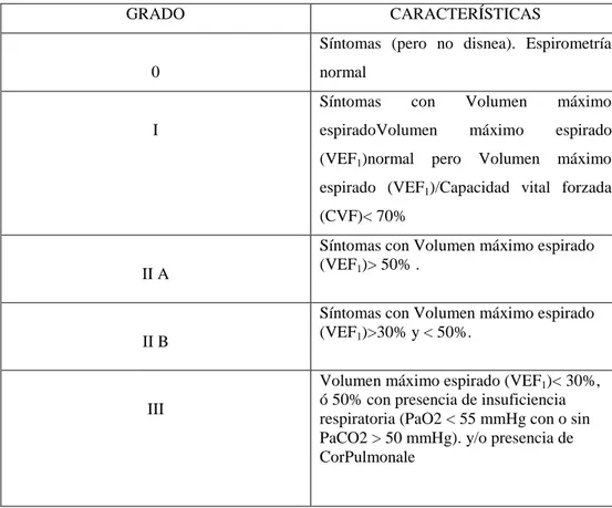 Tabla 2.2 Clasificación de la Enfermedad Pulmonar Obstructiva Crónica (EPOC). 