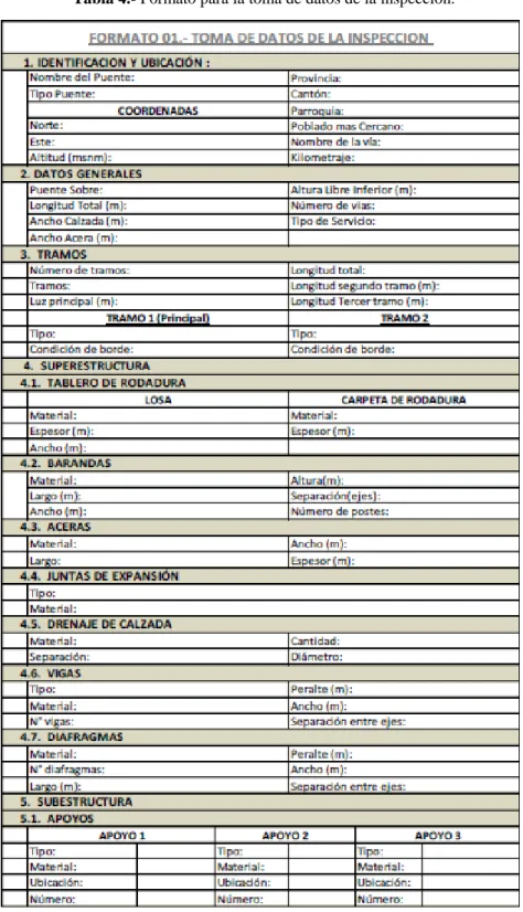 Tabla 4.- Formato para la toma de datos de la inspección. 