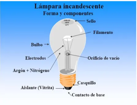 Figura 2. Componentes de una lámpara incandescente.