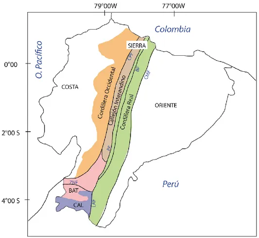 Figura  2-1  Esquema  geomorfológico  y  de  las  principales  fallas  del  Ecuador  continental