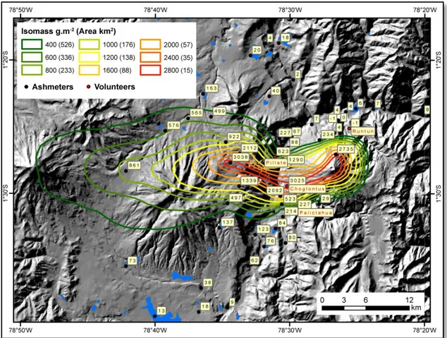 Figura  3-6  Dispersión  de  la  ceniza  durante  el  periodo  eruptivo  de  julio-agosto  2013