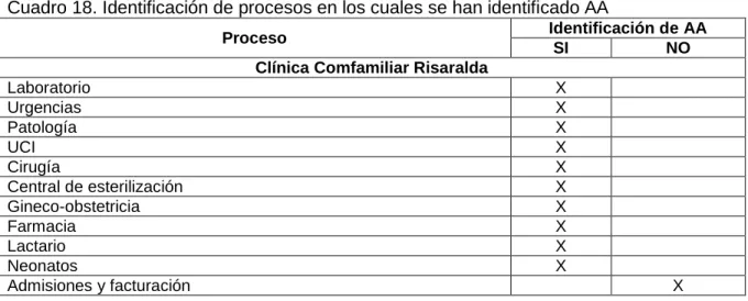 Cuadro 18. Identificación de procesos en los cuales se han identificado AA 