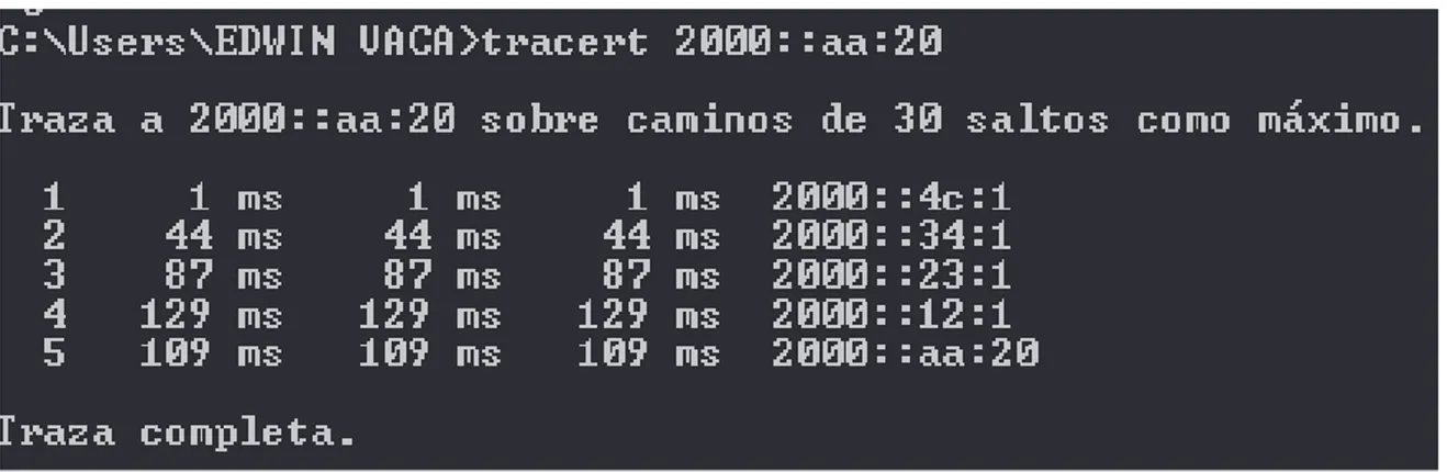 Figura 4.5 Ejecución del comando tracert desde un host remoto IPv6, hacia un  host en la red del servidor 