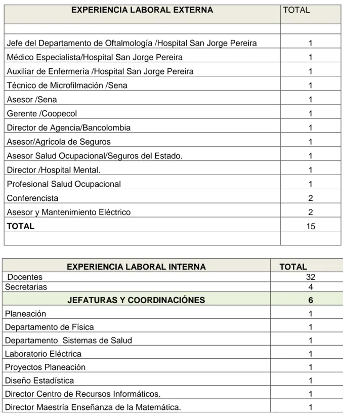 Tabla 8: Experiencia laboral interna y Externa 