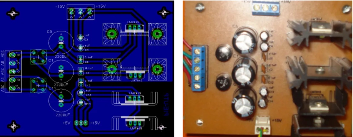 Figura 2.7: Diseño del circuito impreso y la tarjeta definitiva de la fuente de  alimentación de corriente continua