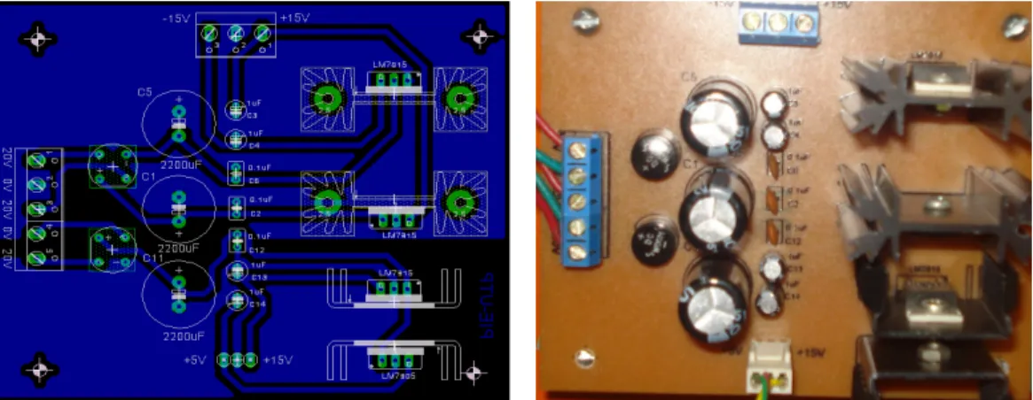 Figura 2.7: Diseño del circuito impreso y la tarjeta definitiva de la fuente de  alimentación de corriente continua