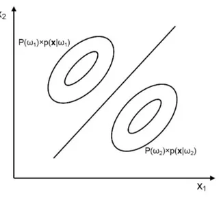 Figure 1. Decision boundary for Gaussian class-conditional probability functions when Σ 1  = Σ 2 