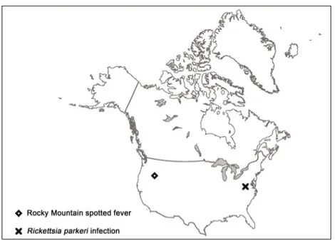 Fig. 10. Map showing distribution of human cases of tick-borne rickettsioses in North  America