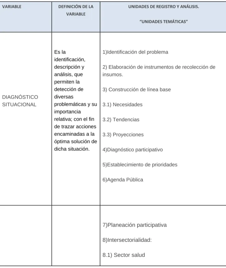 Cuadro 3. Variables y unidades temáticas.  