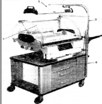 Figura 1. Partes de una Incubadora. (Incubadora Marca  Ohmeda). 1.Lámpara de fototerapia 2.Soporte mecánico 