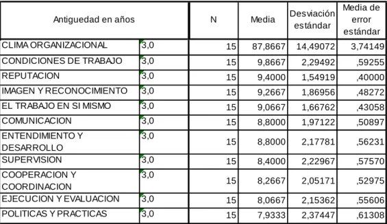 Tabla 15. Perfil jerarquizado grupo 3 años de antigüedad 