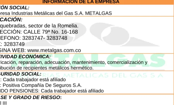 Tabla 1. Información general de la empresa METALGAS S.A. 