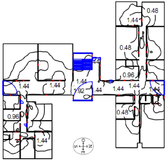 Figura 20. Diagrama isolux de las luminarias R2 para el primer piso.